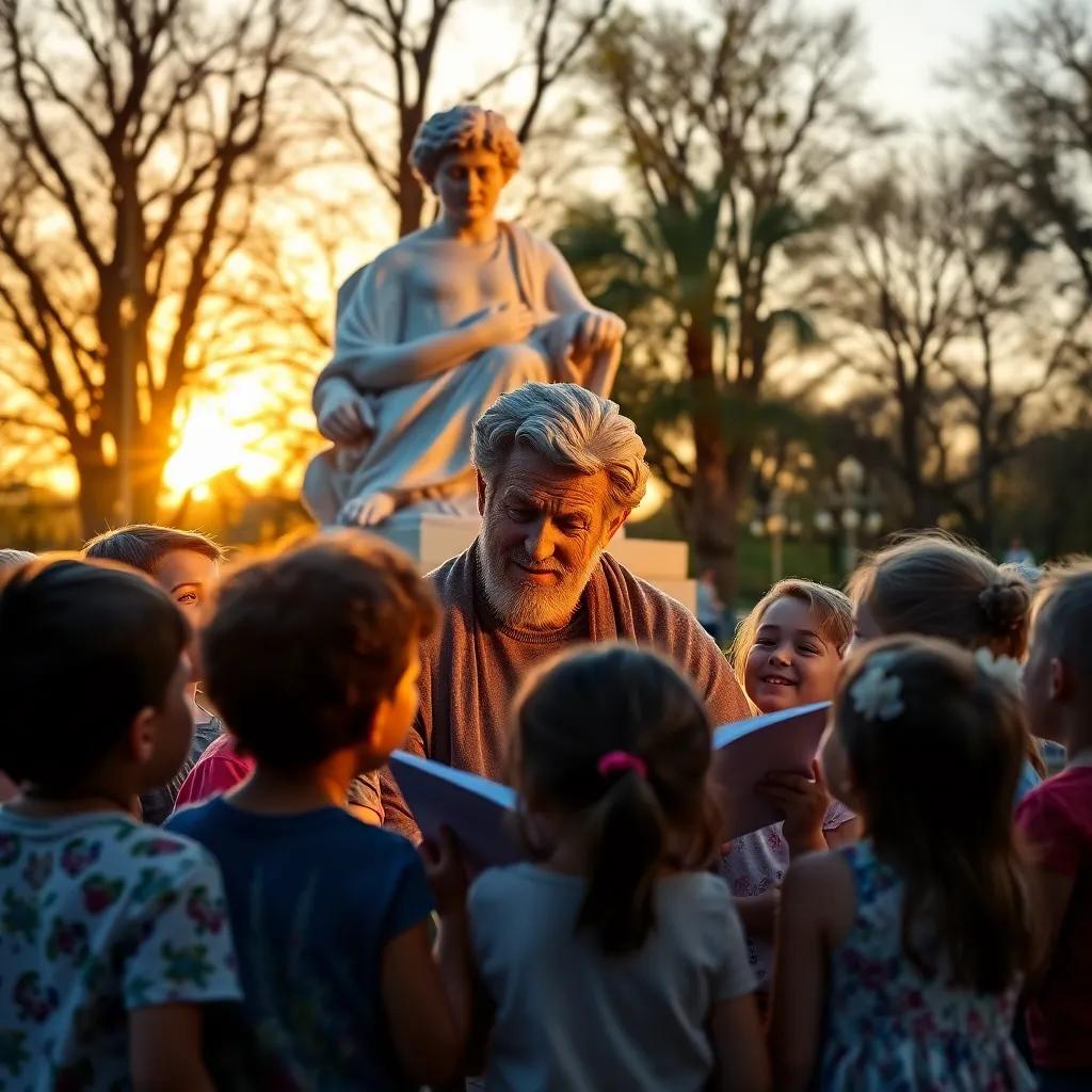 Mr. Jasper surrounded by children, listening to their stories, bright park filled with laughter, sunset glow, warm light