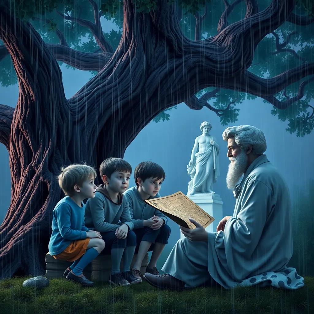 Children under a big tree during rain, listening to Mr. Jasper tell a story, treasure map in his hands, cozy and imaginative scene