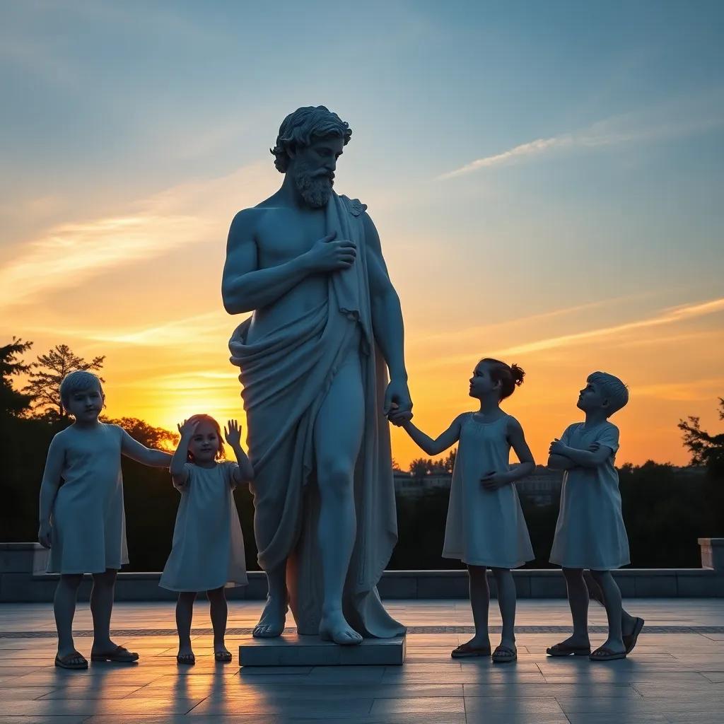 Mr. Jasper with children by sunset, holding hands, feeling connected and gentle, heartwarming scene, friendship and love