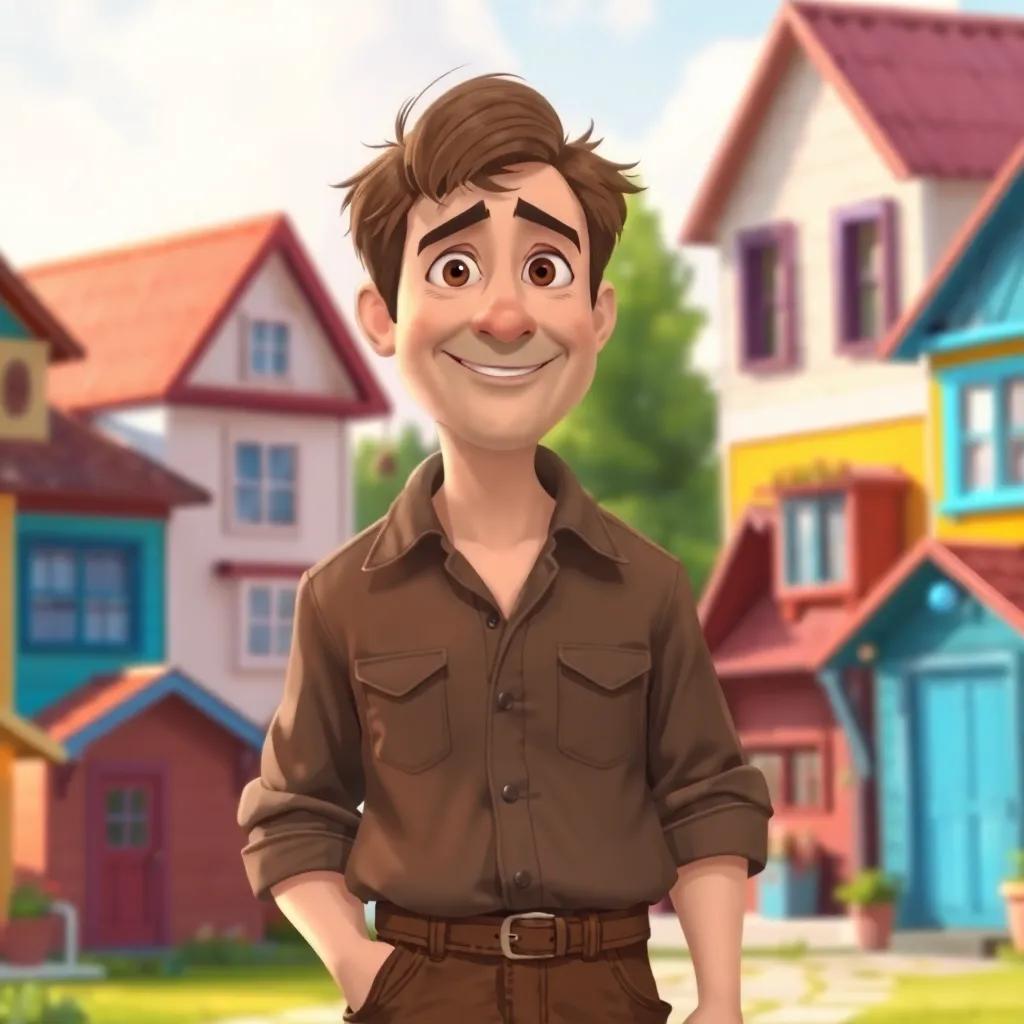 A man named Sam, a middle-aged man with short brown hair, wearing an old brown shirt and well-worn brown pants, standing in a small town with colorful houses in the background, illustration, bright colors, cheerful atmosphere