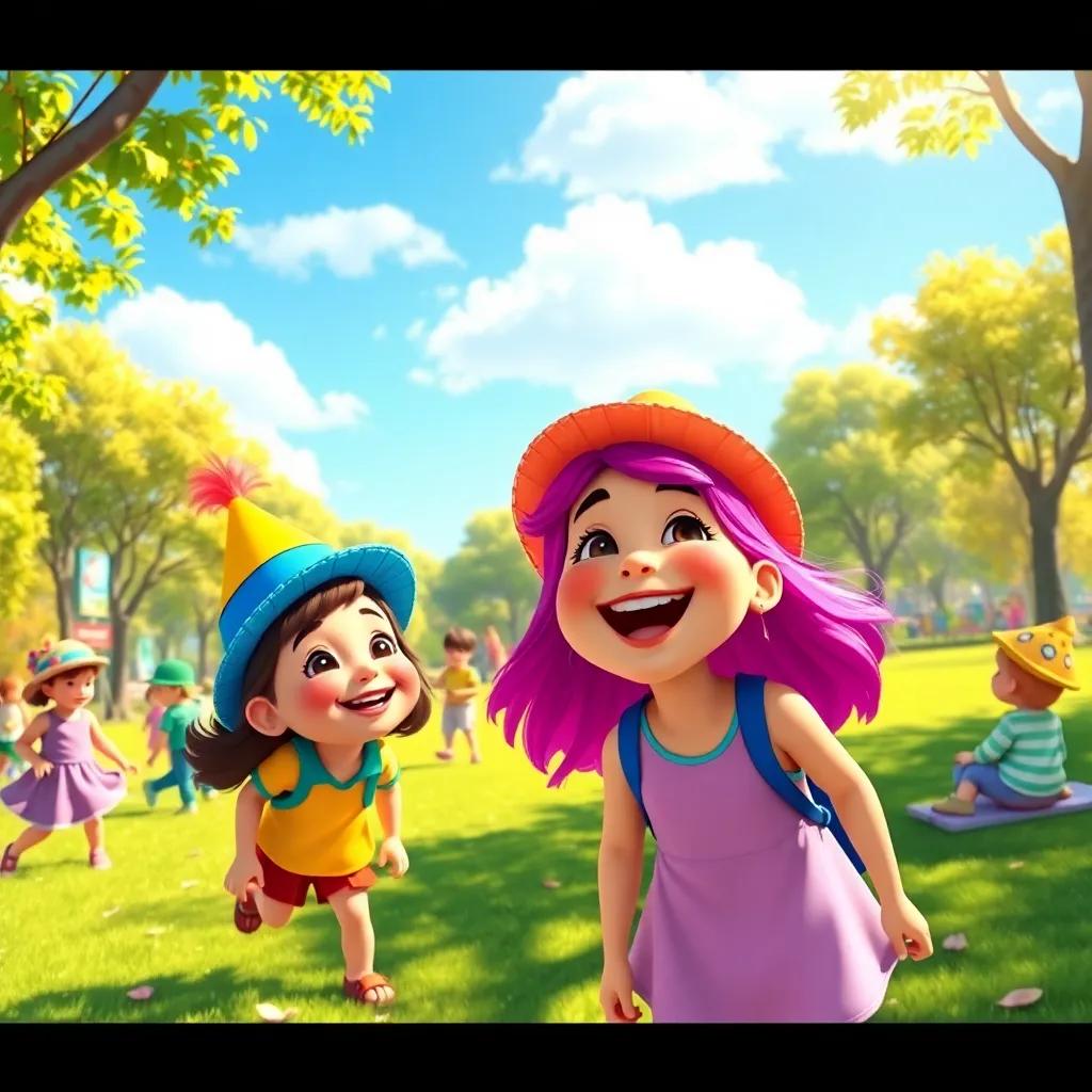 A sunny day in a vibrant park, with children playing and laughing, two best friends Mia and Leo smiling, with colorful hats and a joyful atmosphere, digital art, bright colors, cheerful scene, high quality