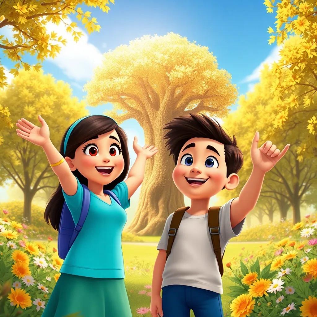 Mia and Leo looking excited as they point towards a large shimmering tree with golden leaves, surrounded by a sunny park filled with flowers and smiles, illustration, colorful, adventure-themed, child-friendly