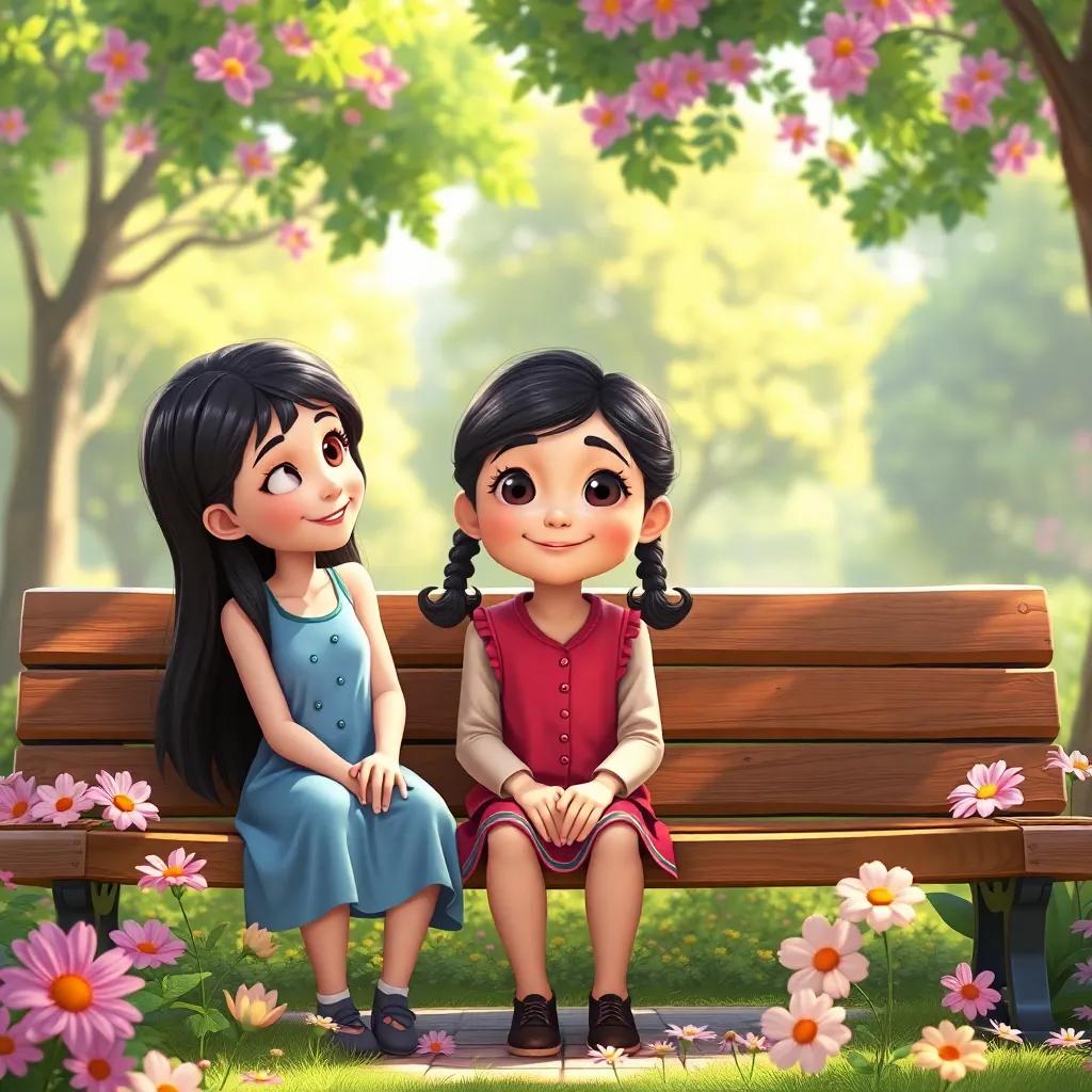 Nora, a girl with pigtails, smiling as Mia and Leo invite her to join, seated on a park bench with flowers around, bright and inviting atmosphere, digital painting, heartwarming, friendly