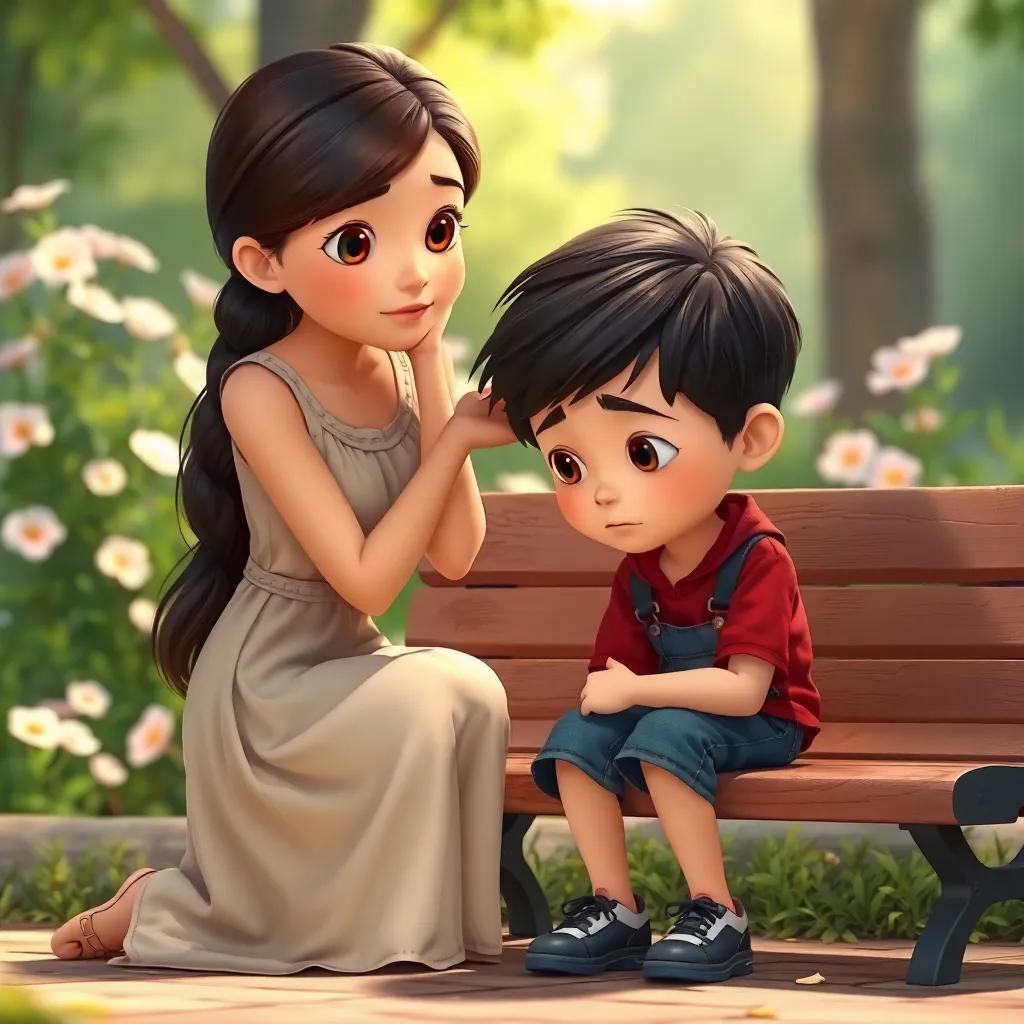 Mia kneeling beside a little boy on a bench looking sad, gentle expressions, flowers blooming in the background, conveying kindness and empathy, detailed, warm light, engaging scene