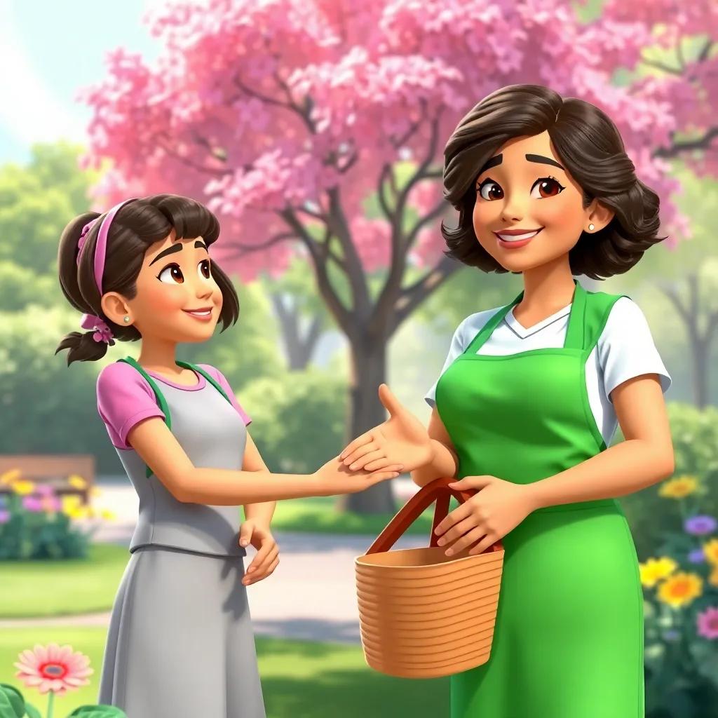 Ms. Clara, the park staff, smiling with a green apron, cleaning the park, Mia and Leo thanking her, showing appreciation, lively scene with trees and flowers, bright colors, uplifting and positive
