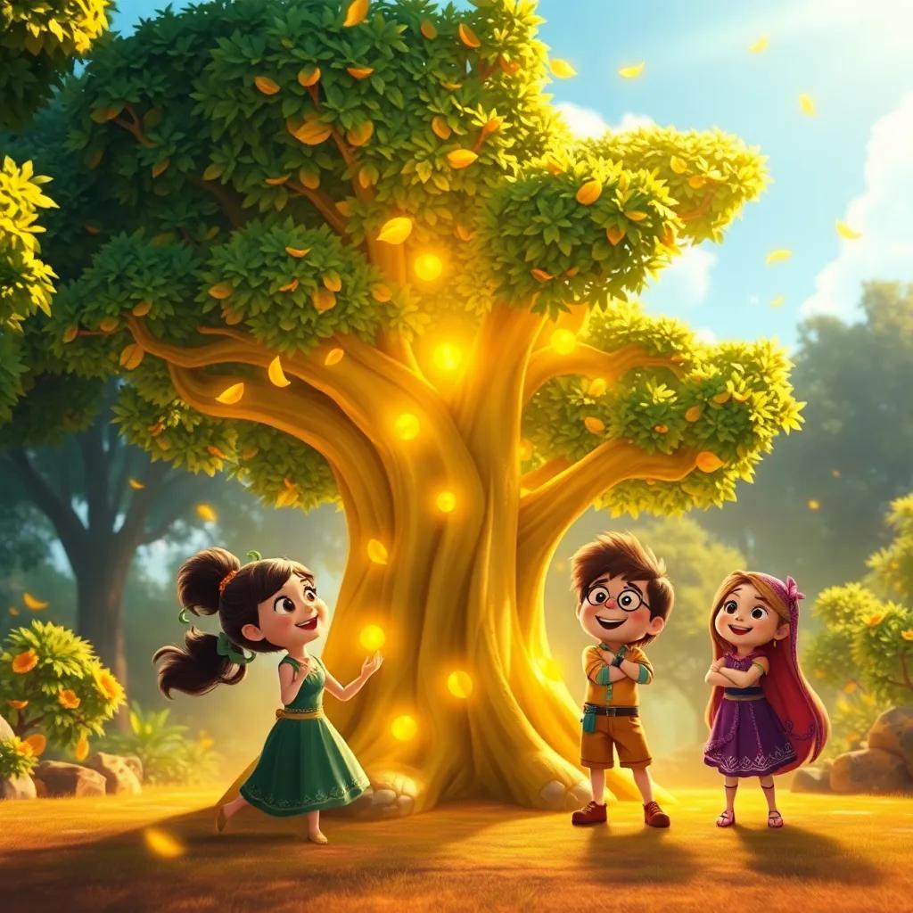 The majestic Magic Manners Tree glowing with gold leaves, Mia, Leo, and Nora gathered around, excited and cheerful expressions, sunny day, enchanting atmosphere, fantasy art