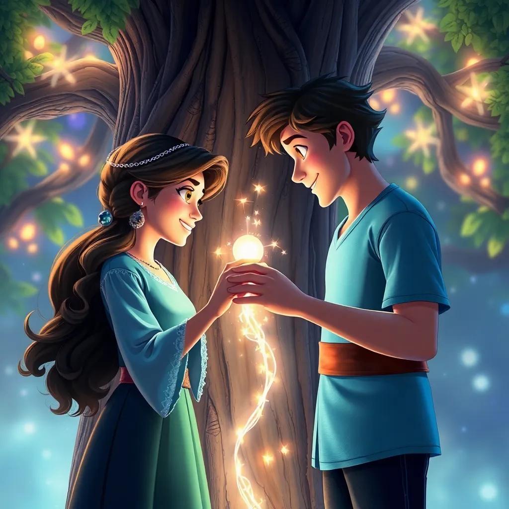 The tree sparkling with energy as Mia and Leo make a wish together, a swirl of magical light around them, conveying a sense of wonder and happiness, digital art, detailed and vibrant