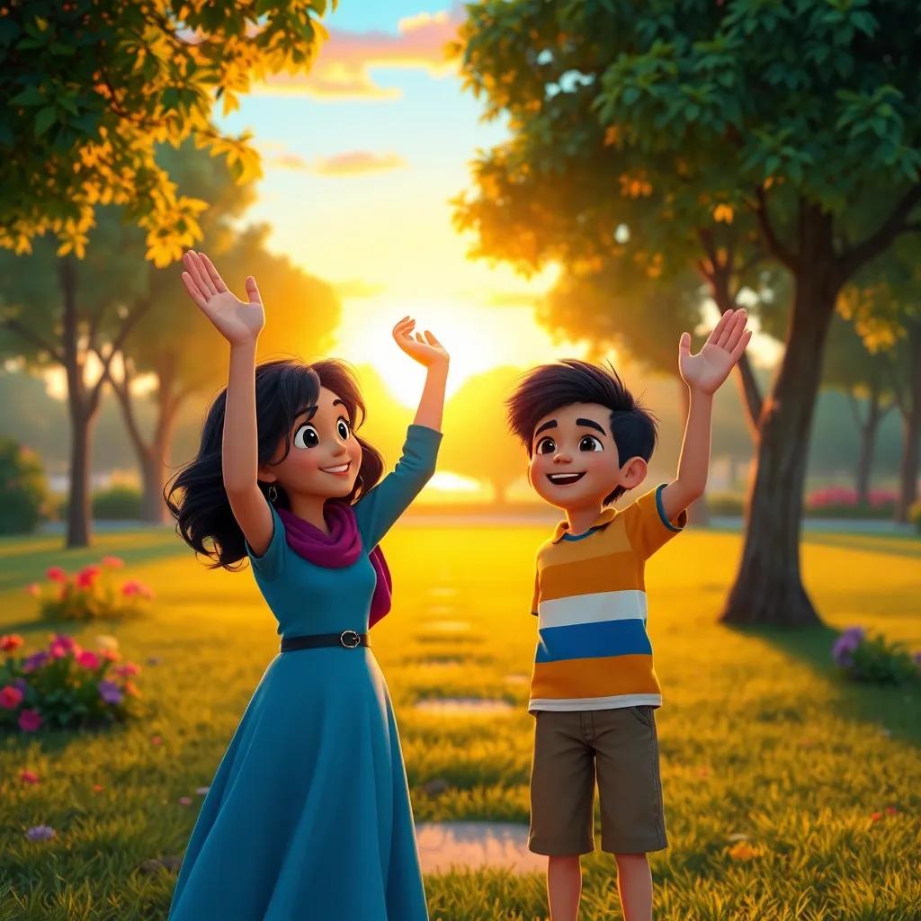 Mia and Leo waving goodbye to Nora in a beautiful park, sunset light giving a warm glow, their joyful expressions showing friendship, engaging scene, bright colors and warmth