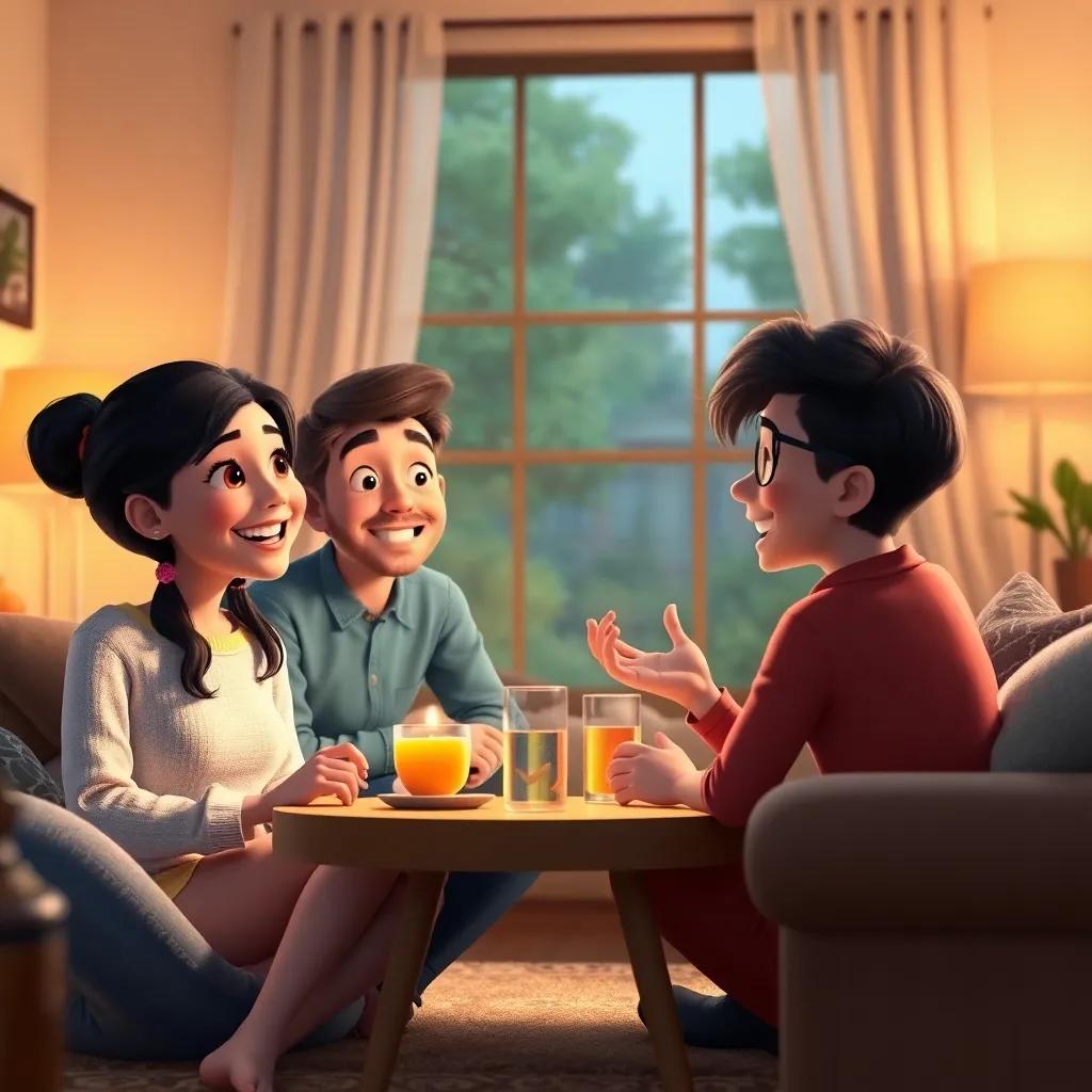 Mia and Leo at home sharing their adventure with their parents, a cozy living room filled with happiness, everyone smiling while discussing good manners, warm lighting, family-friendly atmosphere