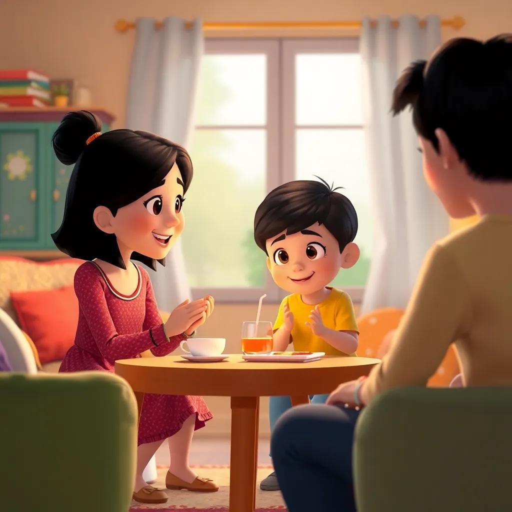 A heartwarming scene of Mia and Leo practicing their manners with their parents, using words like 'thank you' and 'sorry,' cozy home setting, with colorful furniture and friendly expressions, uplifting mood