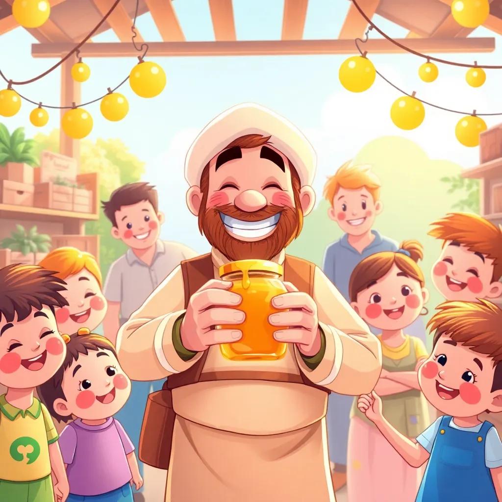 A friendly merchant with a big smile, holding a jar of honey, surrounded by happy children and families, bright and inviting setting, illustration, joyful, child-friendly, heartwarming