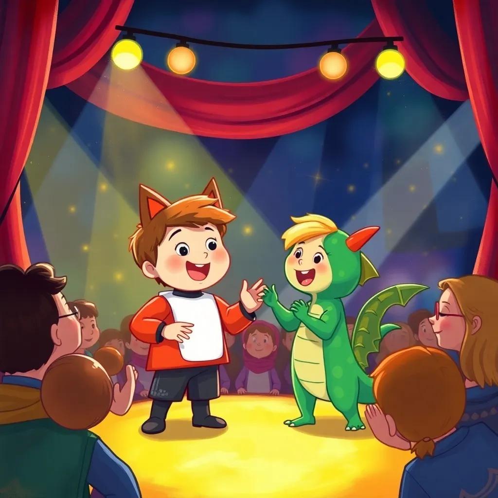 A stage filled with lights and audience cheering as Thomas, a young boy with short brown hair wearing a fox costume, and Elliot, a young boy with wavy blonde hair wearing a dragon costume, are singing joyfully, with colorful backdrop and spotlight, illustration, lively, fun setting, child-friendly