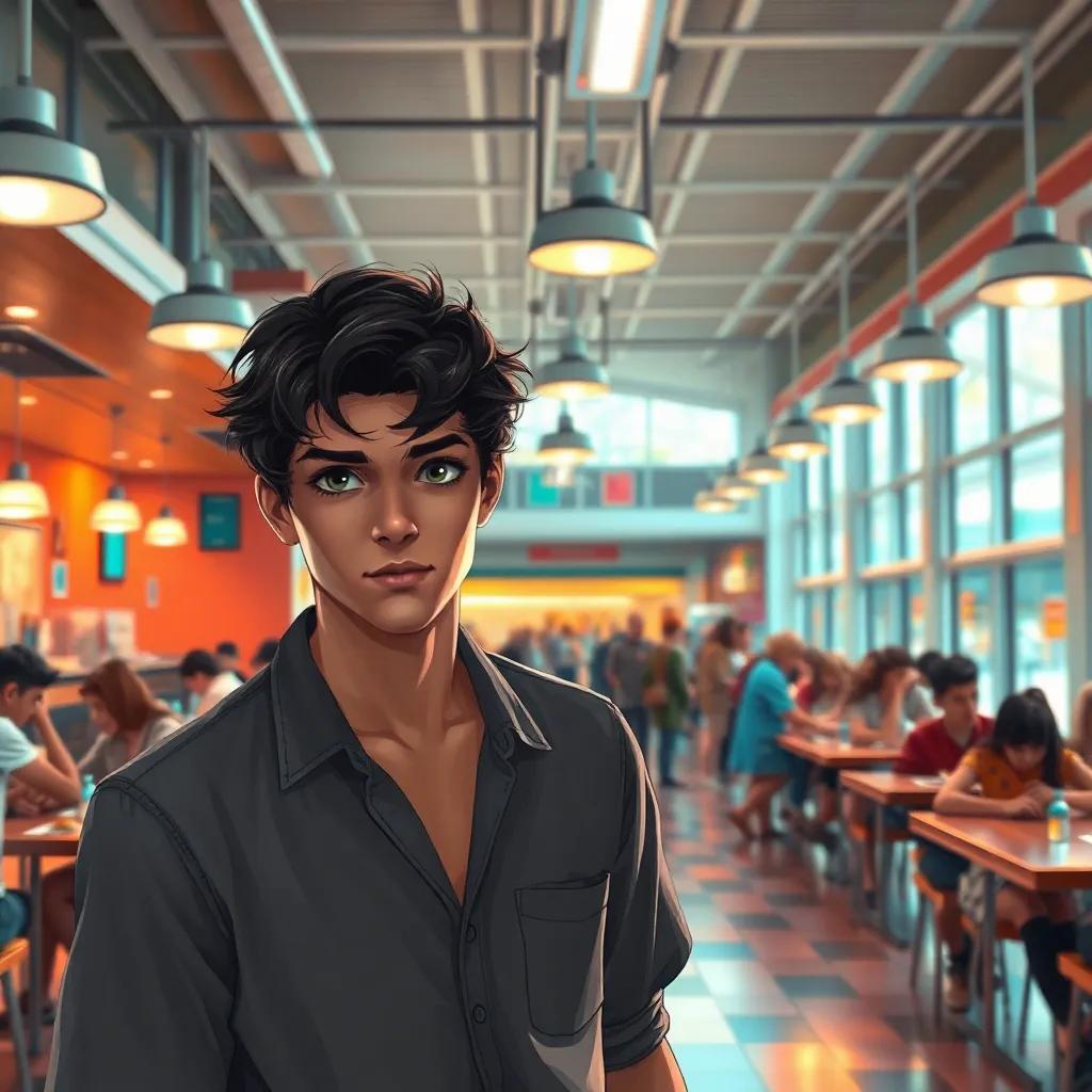 A bright and busy canteen filled with students dining, Lucian Thalor, a young man with dark hair and piercing dark eyes, wearing a casual shirt, confidently standing near the entrance, digital art, vibrant colors, warm atmosphere, inviting perspective, high quality