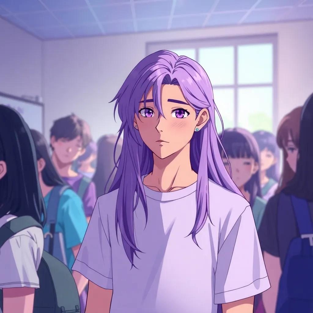 Thorne Valorian, a calm young man with long violet hair and violet eyes, wearing a simple t-shirt, quietly nodding to classmates, surrounded by students, illustration, serene colors, peaceful setting, friendly vibe, high quality
