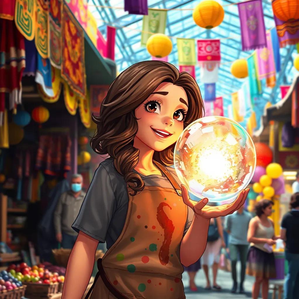 A busy, colorful market filled with stalls, a young girl, Maya, with wavy brown hair wearing a paint-splattered apron, excitedly holding a shimmering glass orb, with people walking around and vibrant fabrics hanging in the background, detailed digital art, lively atmosphere, bright colors, engaging perspective, high quality
