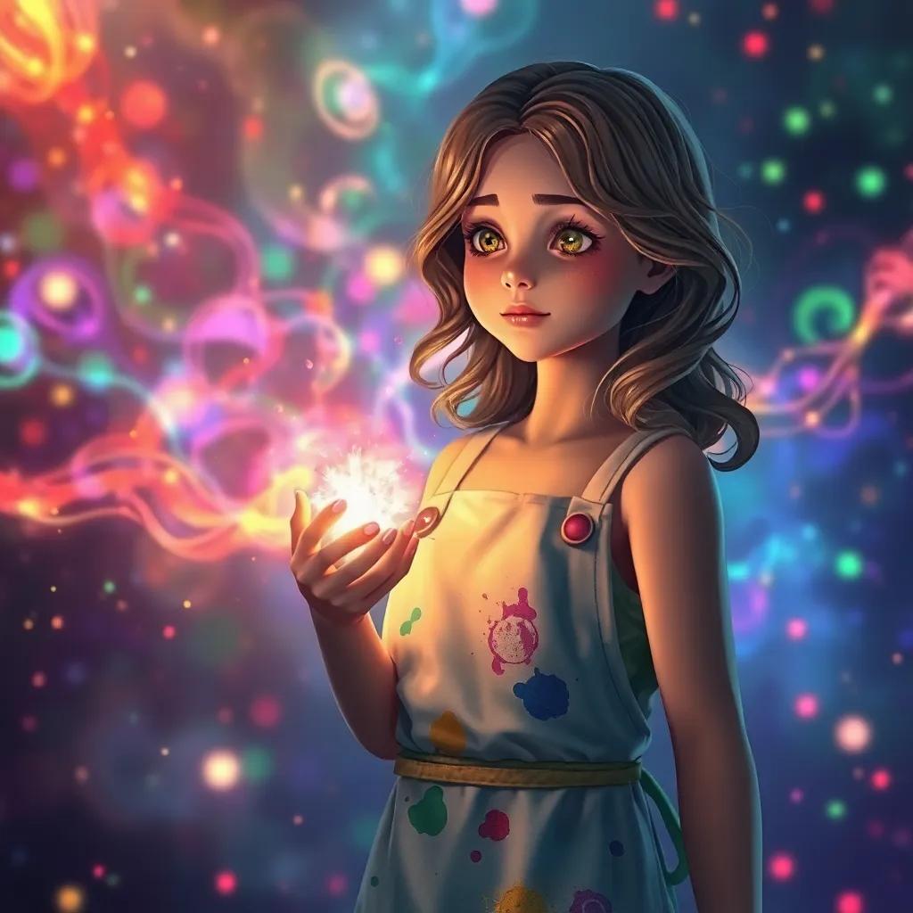 A mystical scene of Maya, a young girl with wavy brown hair wearing a paint-splattered apron, holding the glowing Memory Fragment to her heart, with vibrant colors swirling around her, as visions of a famous painter, Leo, appear, ethereal atmosphere, enchanting lights, dreamlike quality, high quality