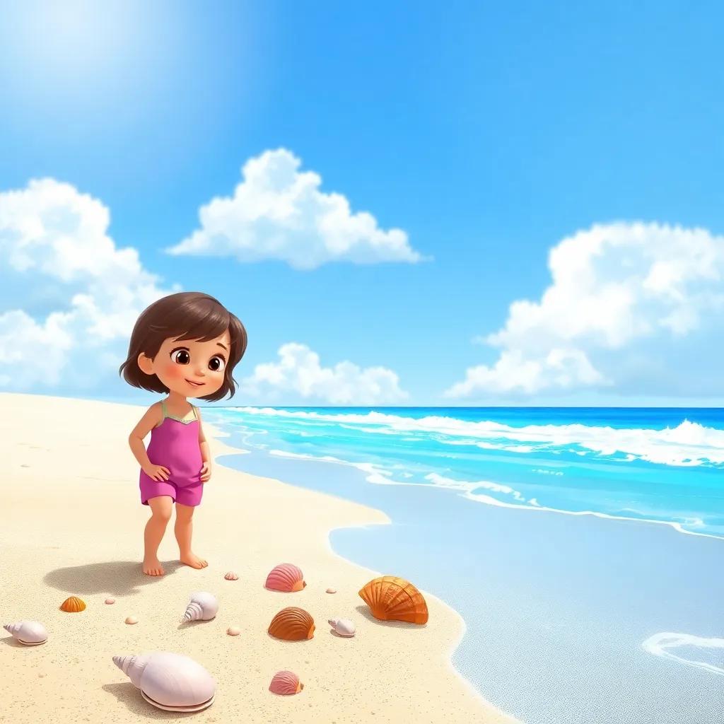 A curious girl, Maya, with short brown hair wearing a bright pink swimsuit, searching for shells on a sandy beach under a sunny sky, digital art, cheerful, bright colors, inviting atmosphere, high quality