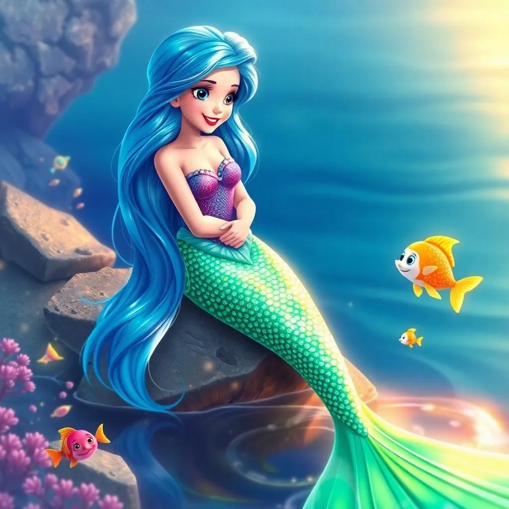 Marina, a beautiful mermaid with long, flowing blue hair wearing a sparkling green tail, smiling at Maya by the water's edge, surrounded by colorful fish, digital painting, vibrant, magical, high quality