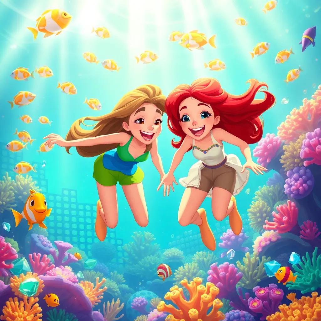 Maya and Marina exploring a colorful coral reef, filled with dazzling fish and sparkling jewels, swimming together joyfully, warm sunlight streaming down, illustration, lively, adventurous, high quality