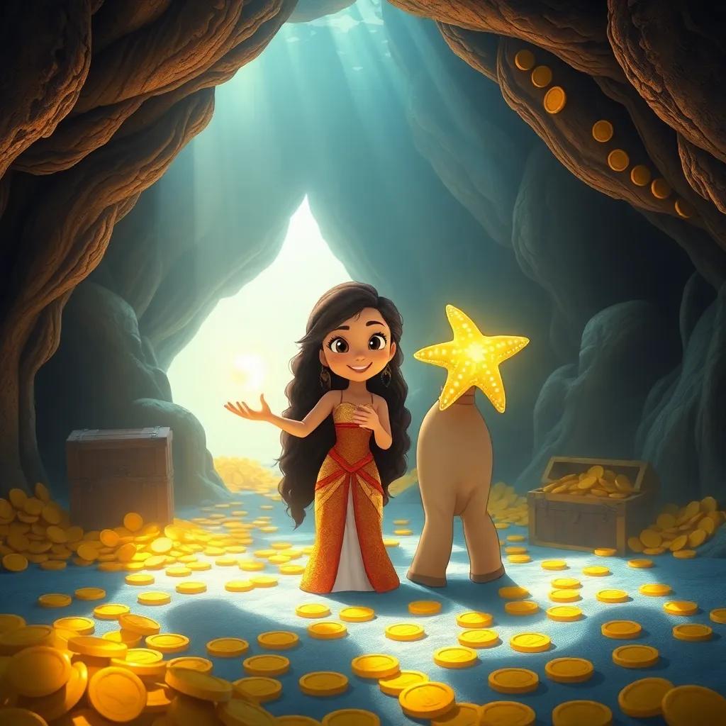 Inside an underwater cave filled with gold coins and treasure chests, Maya holding a shiny pearl and Marina with a glowing sea star, sunlight filtering through the water, digital art, magical, enchanting atmosphere, high quality