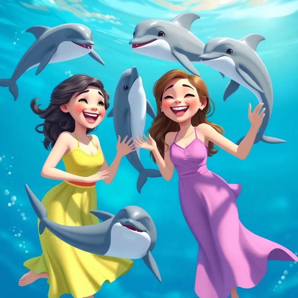 Maya and Marina laughing and playing with dolphins that leap and twirl around them in bright blue water, cheerful underwater scenery, digital illustration, fun, lively, high quality