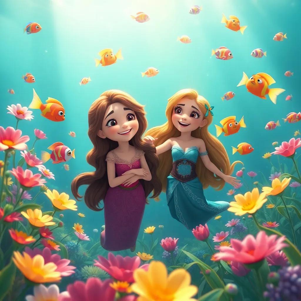 Maya and Marina in a garden of underwater flowers with colorful fish swimming around joyfully, soft light illuminating the scene, digital art, serene, magical, high quality