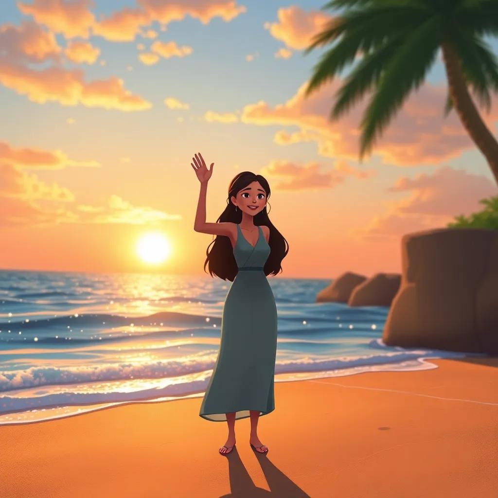 Maya waving goodbye to Marina while standing on the shore, the ocean sparkling in the background and the sun setting, illustration, warm, heartfelt, high quality