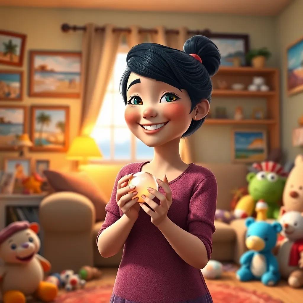 Maya at home, holding the pearl tightly with a big smile, surrounded by family pictures of the beach, cozy room filled with toys, digital art, warm and inviting atmosphere, high quality
