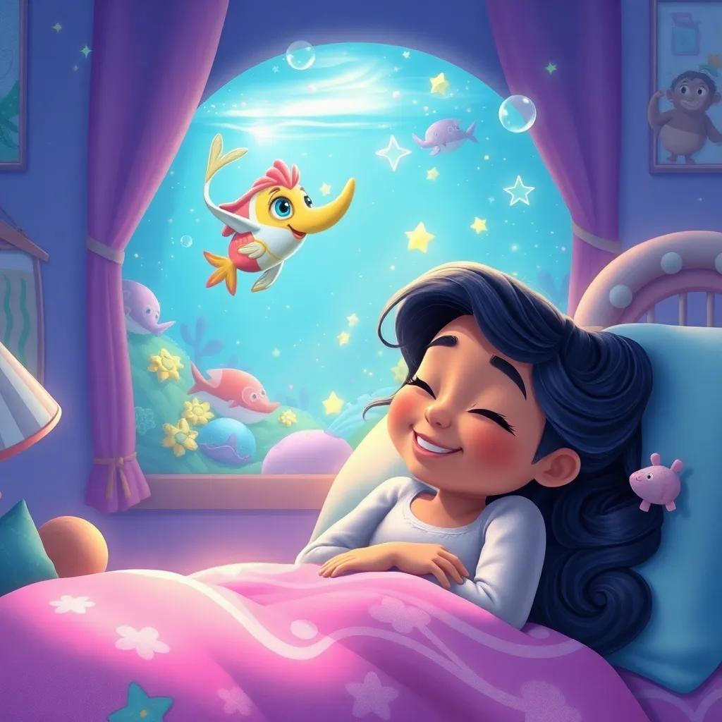 Maya dreaming of Marina in an underwater world filled with sparkles and treasures, smiling in her sleep, her room with ocean-themed decorations, digital painting, whimsical, high quality