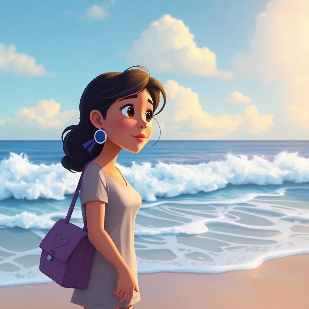 Maya visiting the beach each day, searching for Marina and looking hopeful by the water, with waves crashing around, digital illustration, hopeful, vibrant, high quality