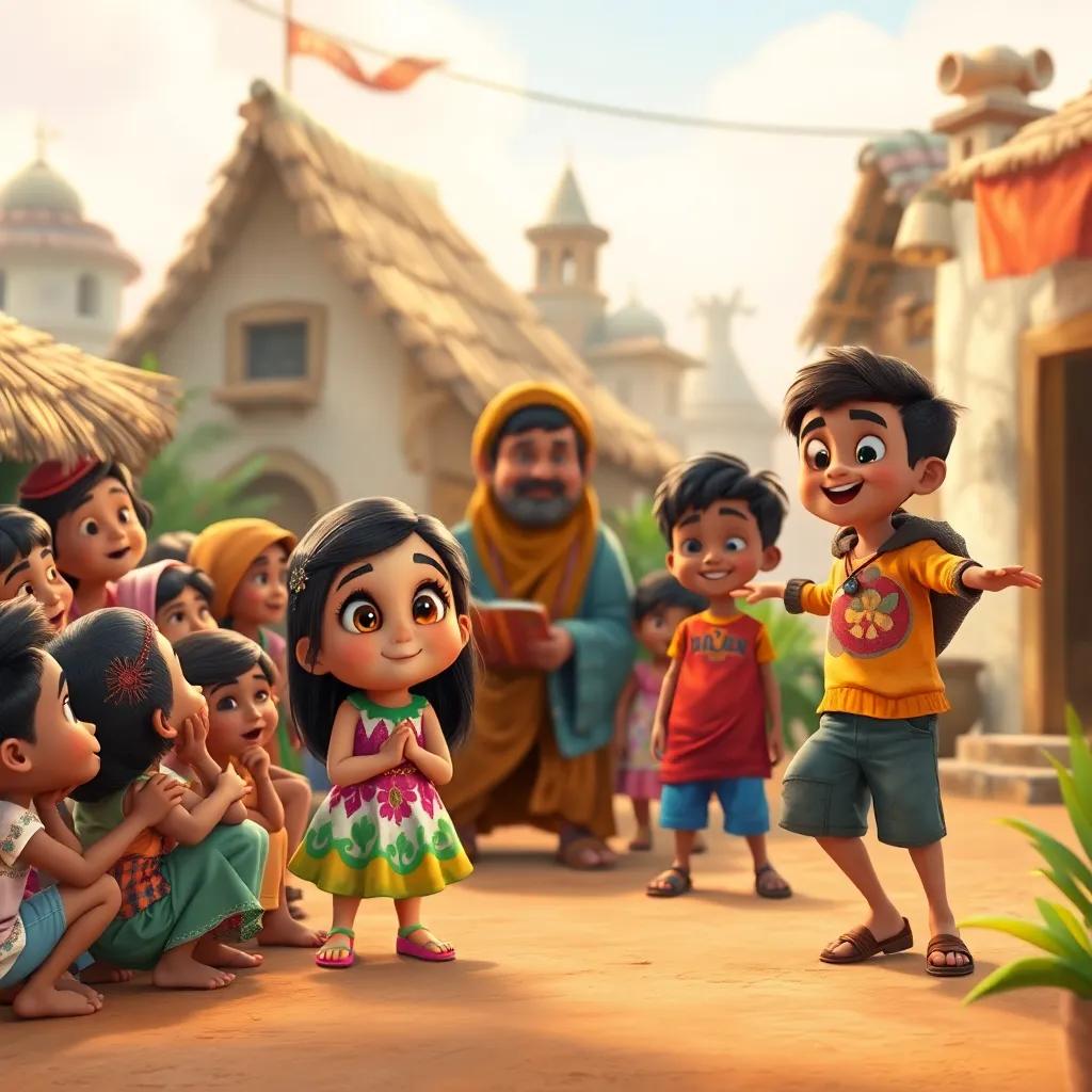 A lively village with children gathered around a storyteller, a young girl named Aisha with bright eyes, wearing a colorful dress, and a boy named Omar bouncing with excitement, digital art, warm light, cheerful setting, high quality