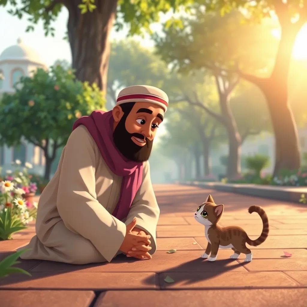 Master Muhammad, a noble Arab man with a kind face, kneeling on the ground speaking gently to a small lost kitten, in a sunlit street filled with trees and flowers, digital drawing, soft colors, peaceful atmosphere, enchanting view, high quality