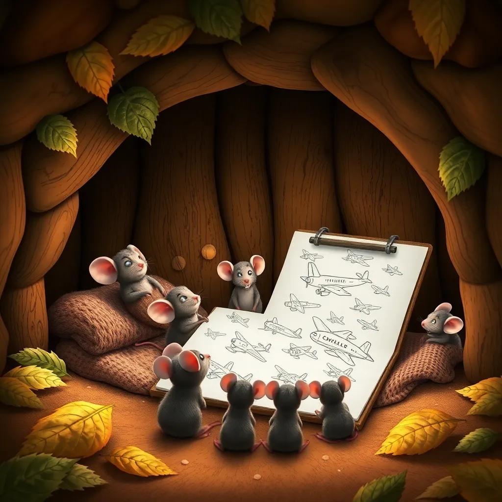 A cozy little mouse hole, with brown walls and soft bedding made of leaves, tiny mice gathered around a drawing board filled with airplane sketches, digital art, warm colors, friendly atmosphere, high quality