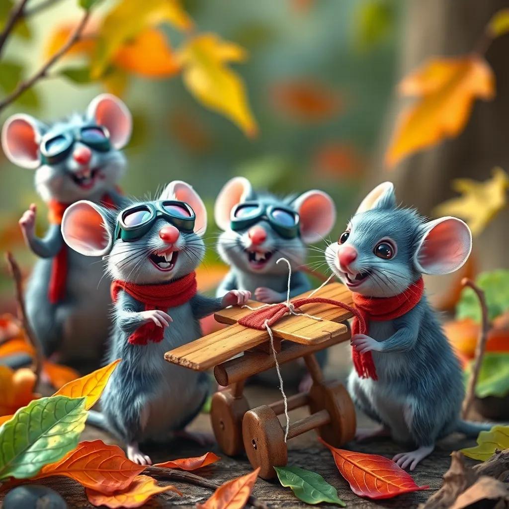 A group of excited mice, wearing tiny goggles and scarves, working together to build small airplanes with twigs, leaves, and strings, joyful scene, bright colors, playful setting, high quality