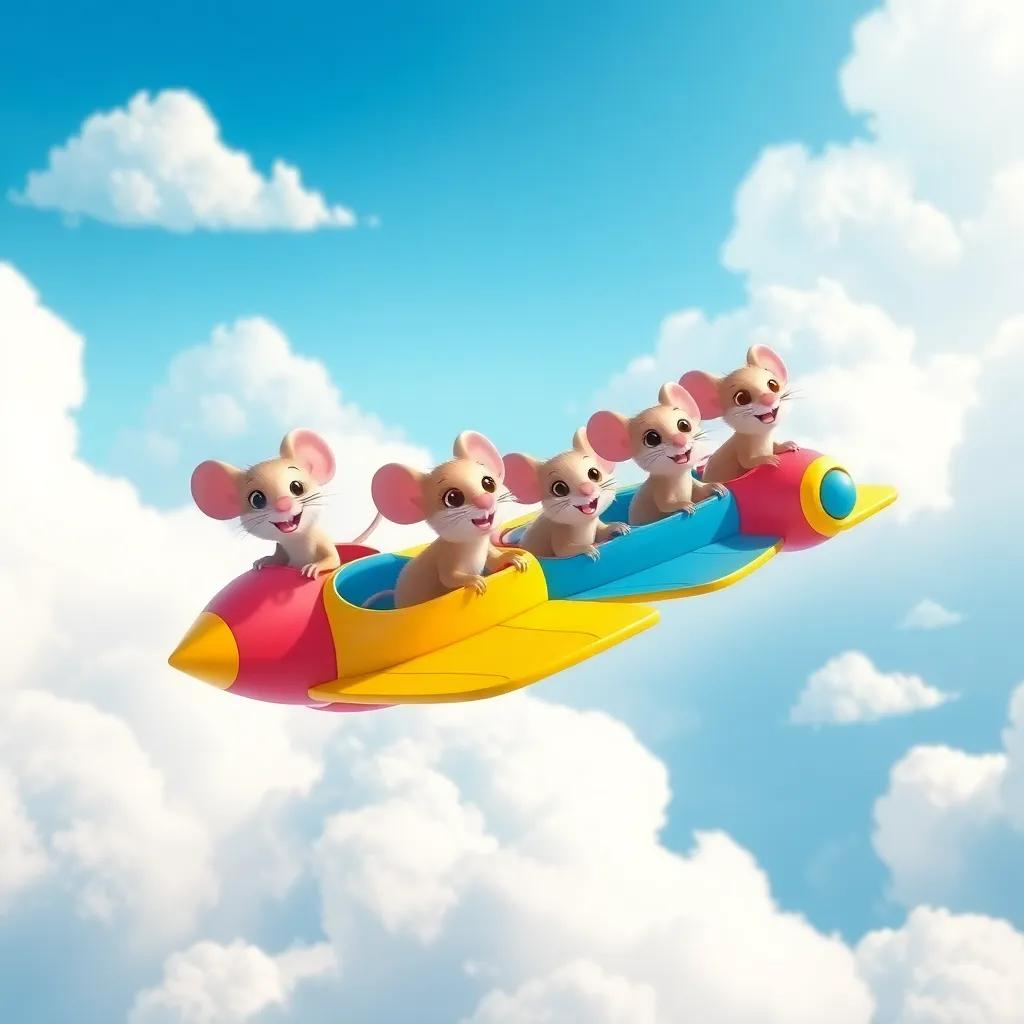 Tiny mice in colorful airplanes, soaring high in a clear blue sky, surrounded by fluffy white clouds, joyful expressions on their faces, bright and cheerful, adventure-themed, high quality