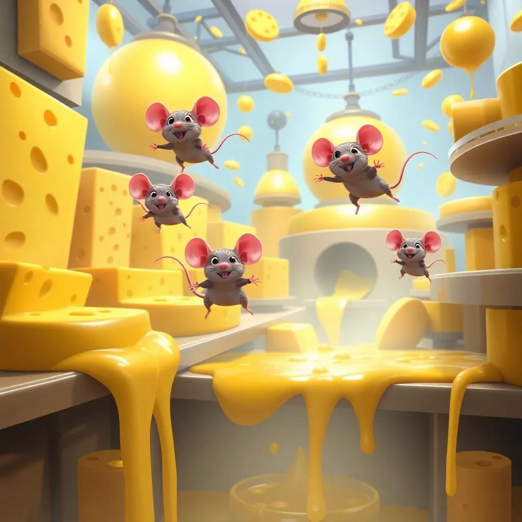 Mice flying over a gorgeous golden cheese factory, with big wheels of cheese and creamy fountains, delighted expressions, whimsical atmosphere, vibrant colors, high quality