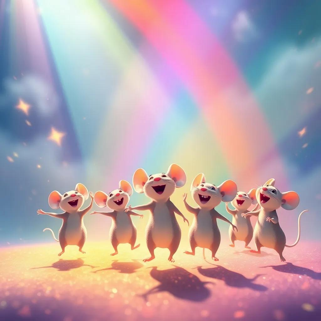 Mice dancing through a rainbow with bright colors arching across the sky, joyful and playful scene, all the mice filled with joy and wonder, magical atmosphere, high quality