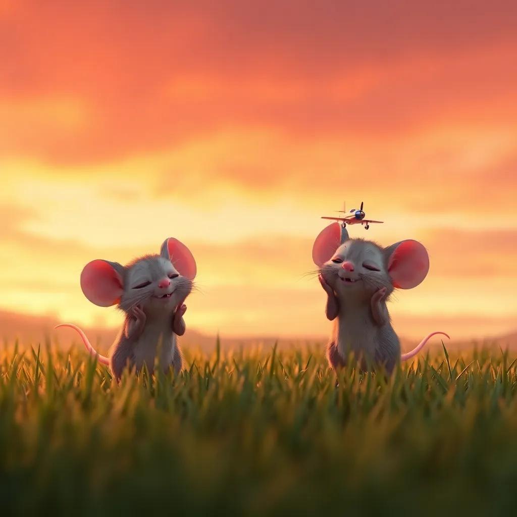 A sunset sky with orange and pink hues, mice landing softly in the grass with their tiny airplanes, tired but happy expressions, warm atmosphere, heartwarming scene, high quality