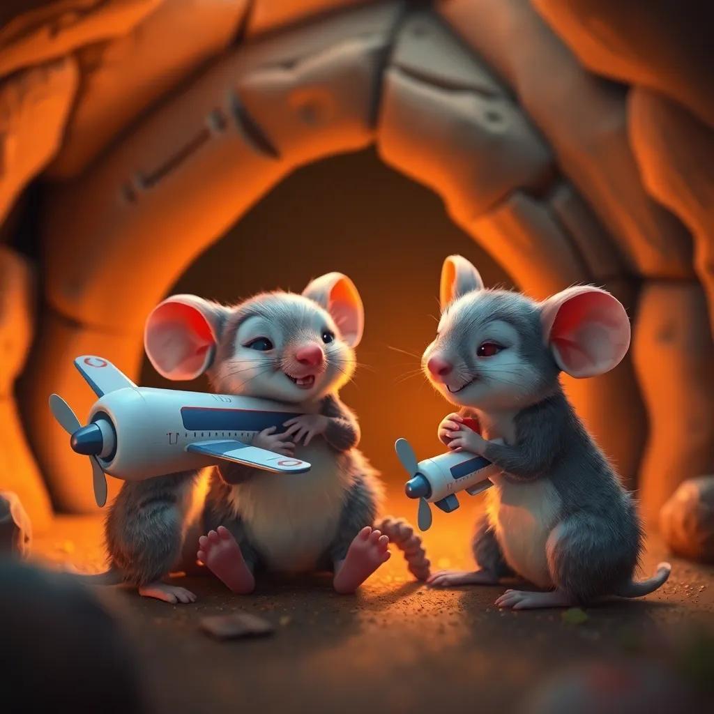 Mice hugging their airplanes and sharing stories of their adventures, cozy mouse hole in the background, warm light creating a soft and inviting feeling, heartwarming atmosphere, high quality