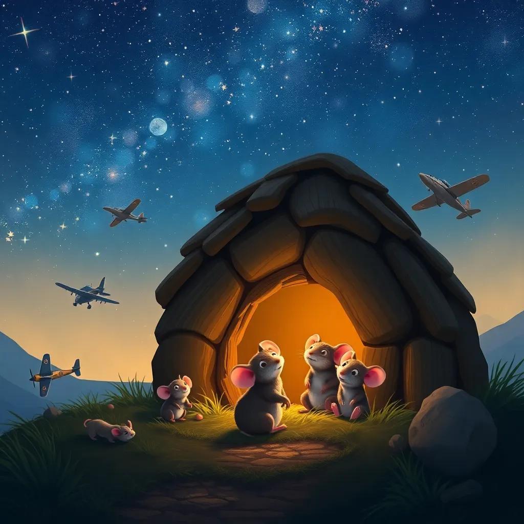 A beautiful night sky with stars shining above the cozy mouse hole, tiny airplanes resting nearby, the mice inside dreaming of their next adventure, serene atmosphere, magical night scene, high quality