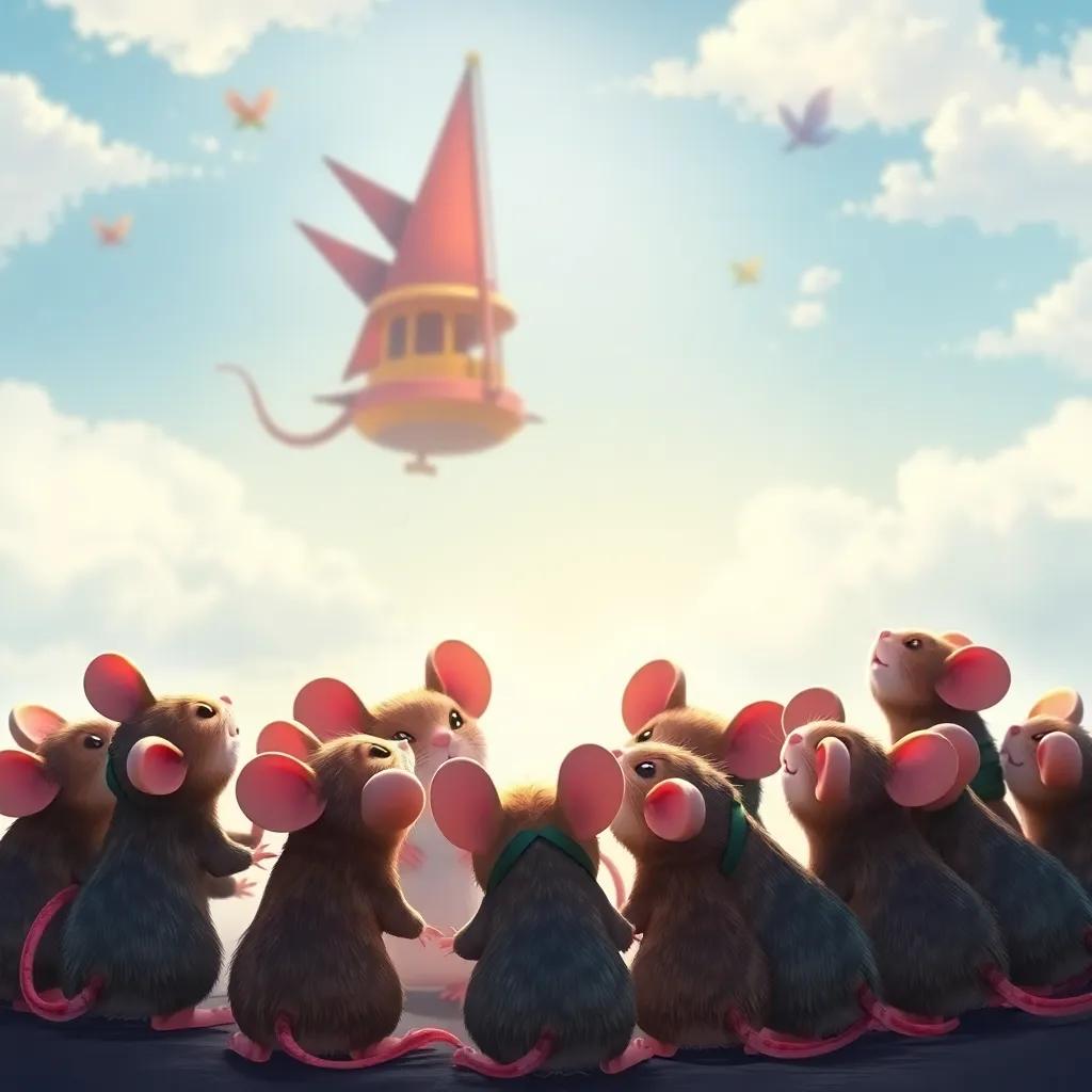 Mice gathered together in a circle, talking and laughing about their adventure in the sky, a sense of friendship and teamwork, cozy atmosphere, bright colors, high quality