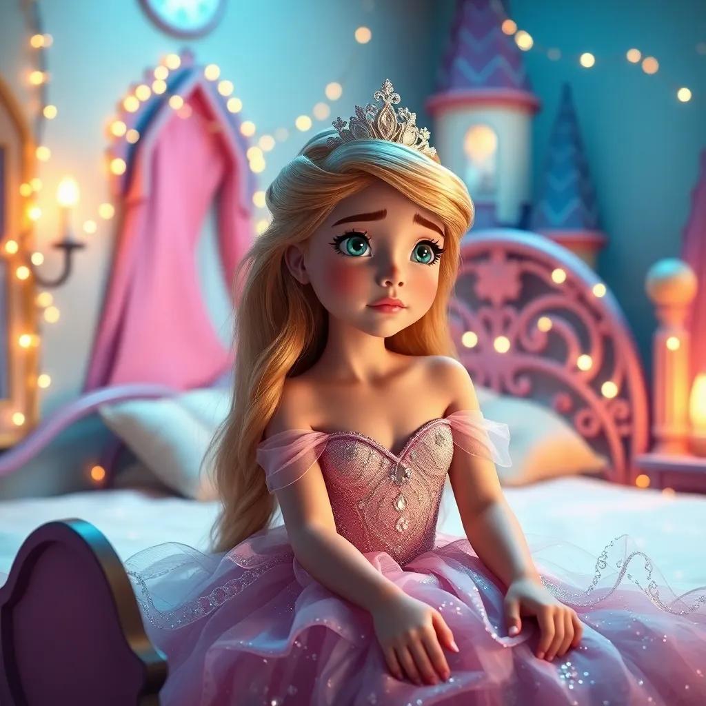 A beautiful princess, Bella, with long, flowing hair, wearing a sparkling gown, sitting on her bed in a lovely castle room with twinkling lights, worried expression on her face, digital art, colorful and inviting, warm light, enchanting atmosphere, child-friendly