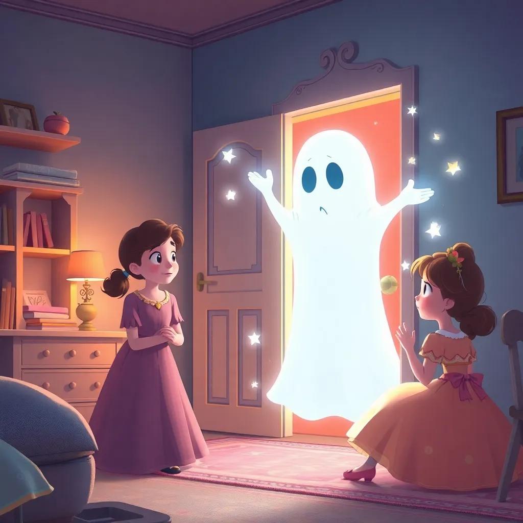 A lovely scene showing Princess Bella becoming a ghost with shimmering lights around her, her parents looking worried at the door, in a bright and cozy room, illustration, emotional and heartfelt, soft colors, storytelling view, fantasy