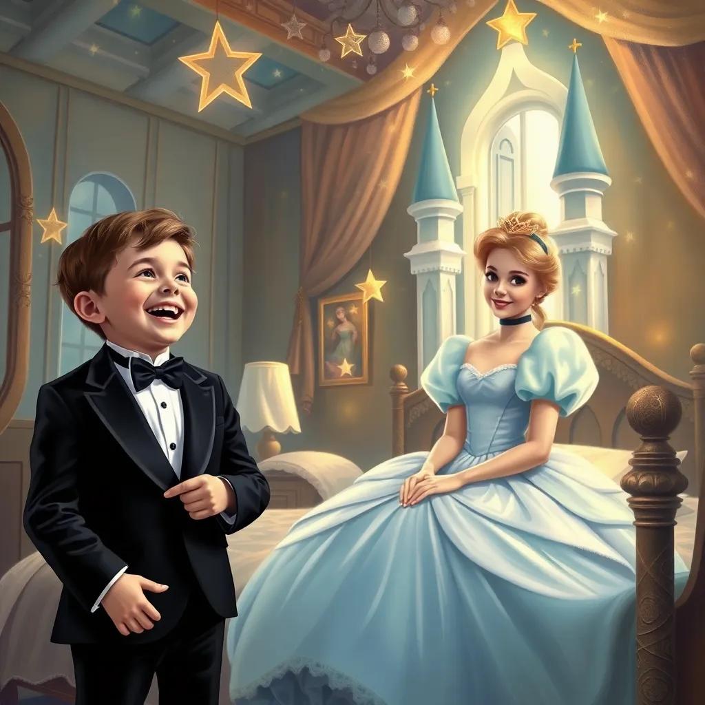 A young boy, Michael, dressed in a sharp tuxedo, laughing with a woman dressed as Cinderella in a magical bedroom transformed into a castle, filled with stars and soft, warm light, demonstrating playful roleplay and imagination, whimsical style, cozy feel, high quality