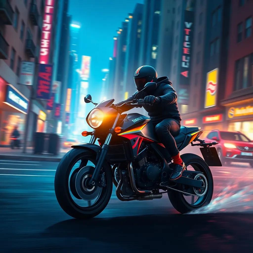 Blaze, a lone rider in dark gear, riding a powerful motorcycle through the city, illuminated by the glow of the bike's headlight, weaving through shadowy streets, feeling free and adventurous, digital painting, vibrant colors, thrilling action, high quality