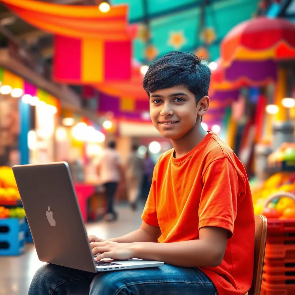 A 15-year-old boy, Amir, with short black hair, wearing a bright t-shirt and jeans, sitting at a laptop with a colorful market in the background, cheerful atmosphere, digital art, vibrant colors, warm light, high quality