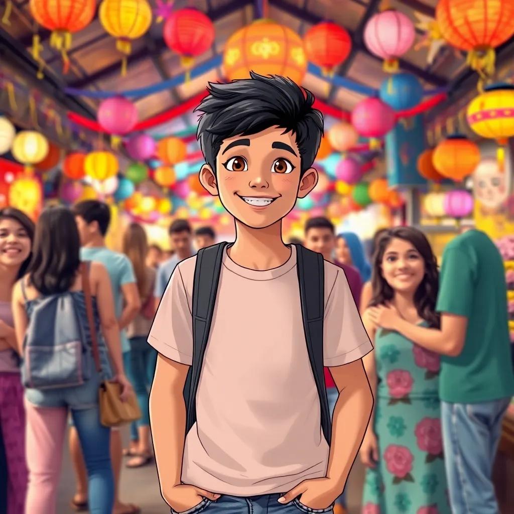 Amir, a 15-year-old boy with short black hair in a t-shirt and jeans, celebrating with friends in a lively market, colorful decorations and happy expressions, joyful atmosphere, illustration, bright colors, child-friendly, uplifting
