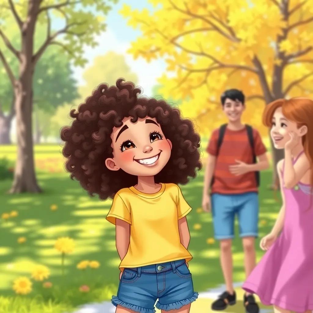A cheerful girl, Lily, with curly hair, wearing a bright yellow t-shirt and denim shorts, laughing with her friends in a sunny park, playful atmosphere, digital art, vibrant colors, high quality