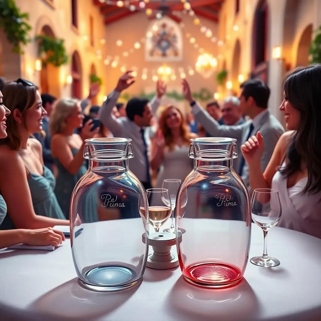 A lively wedding scene in Cana with guests dancing and celebrating, two empty wine jars on the table, joyful atmosphere, digital painting, bright colors, festive feeling, detailed