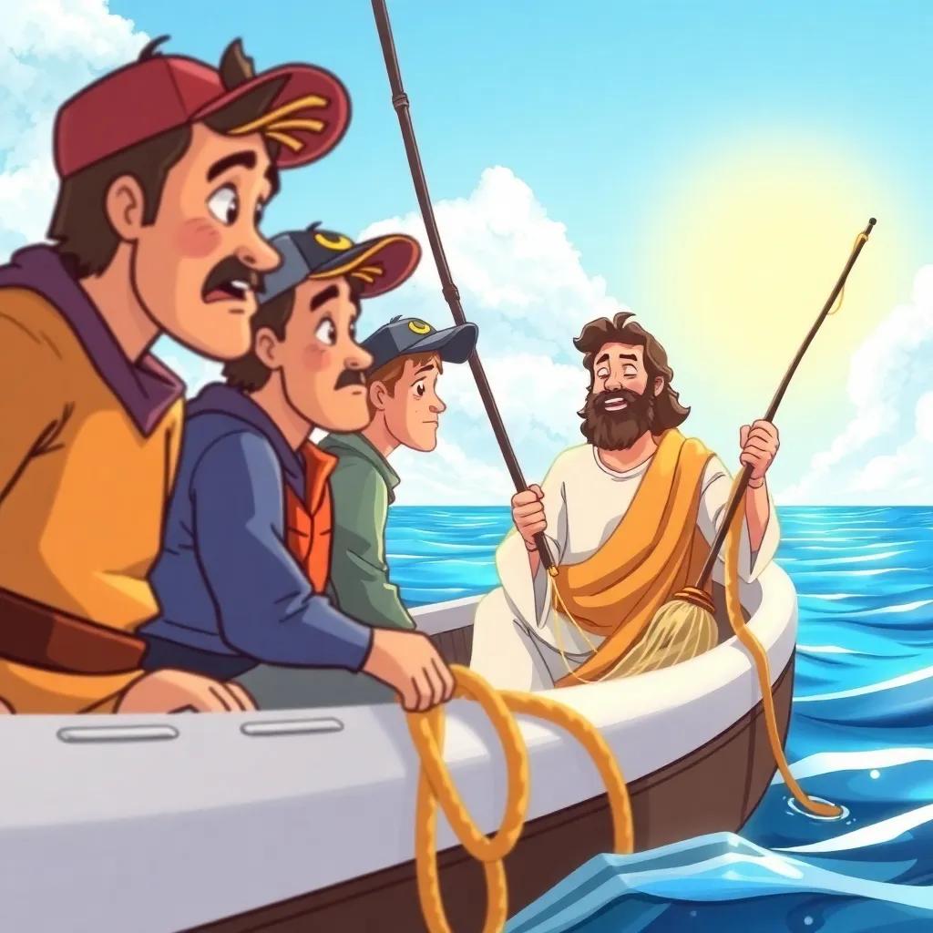 Fishermen with tired faces looking at their empty nets on a boat, Jesus in the boat encouraging them with a smile under the sunny sky, illustration, cheerful, engaging scene, high quality